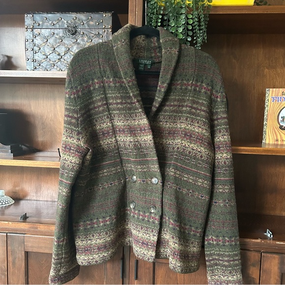 Ralph Lauren Fair Isle Stripe Double Breasted Button Cardigan Lambswool Sweater - Picture 1 of 7
